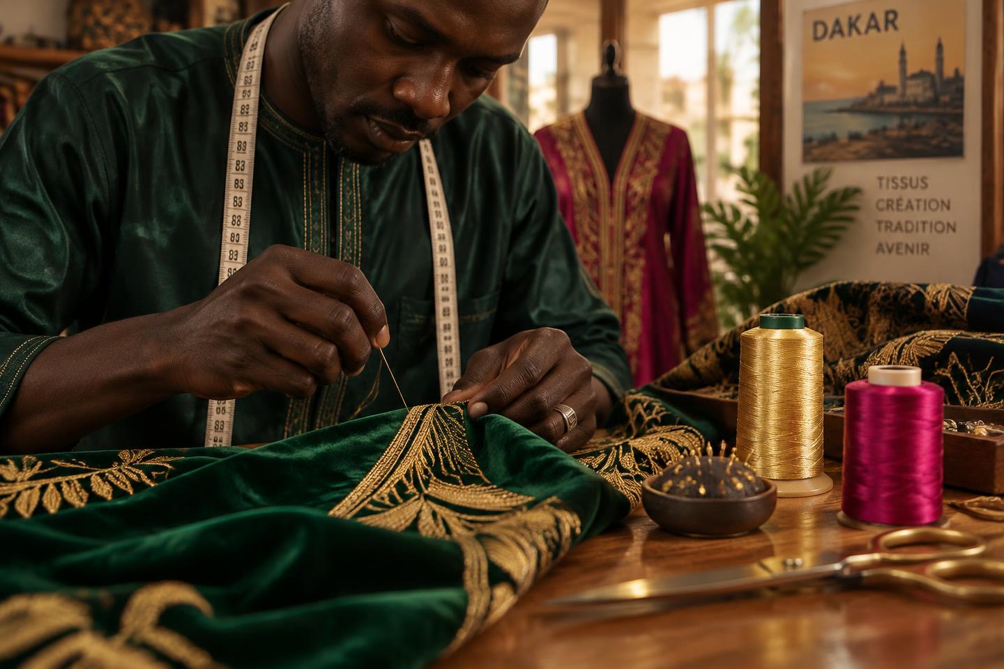 Artisan brodant du fil d'or sur un tissu émeraude